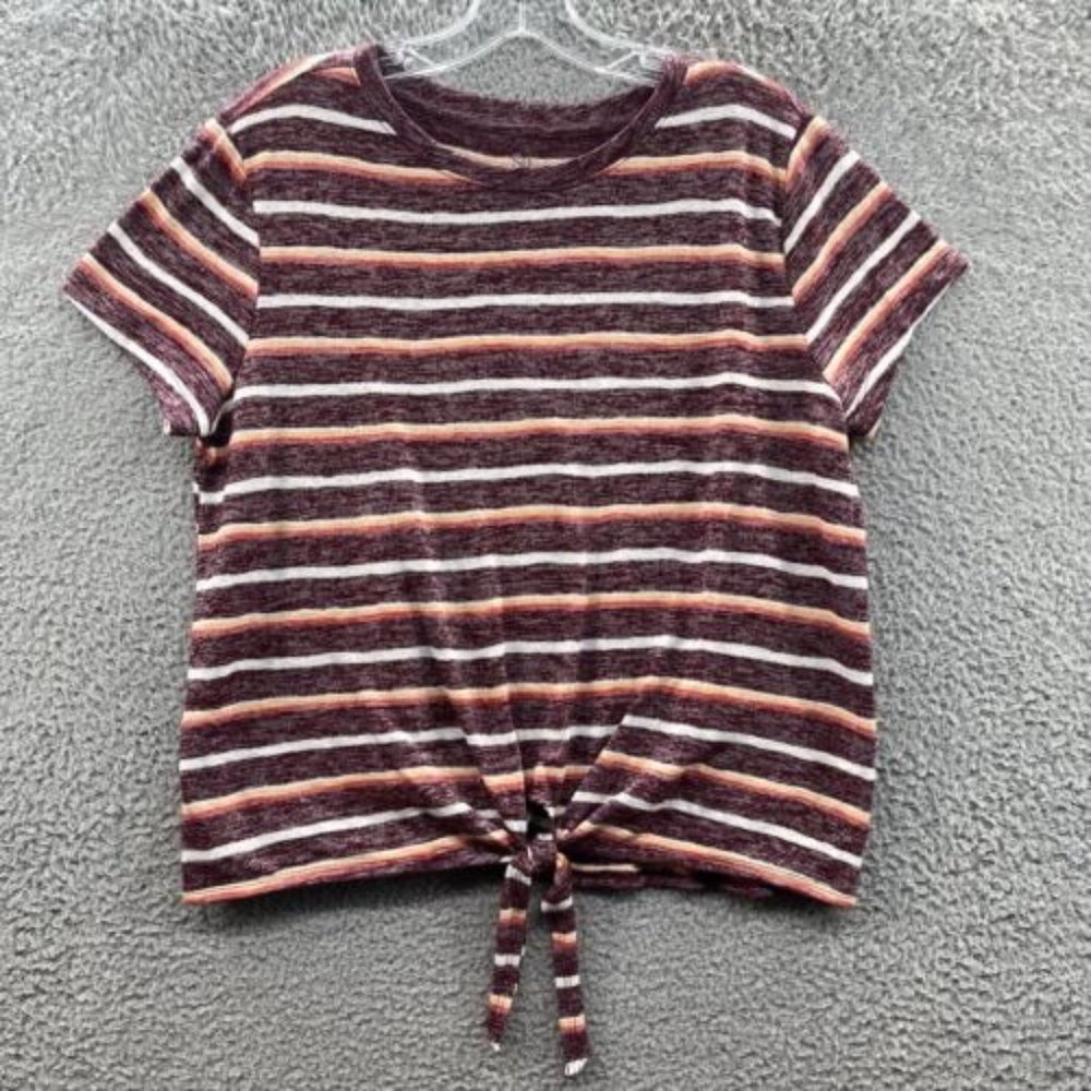SO Short Sleeve Top Juniors‎ Large Maroon Striped Tied Bottom Top Juniors L